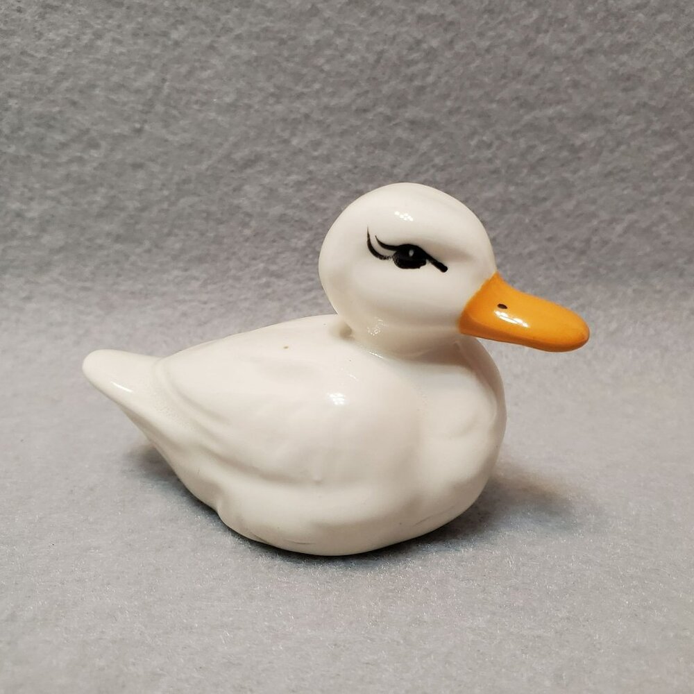 Ceramic Duck Figurine 3 Inch Hand Painted White Orange Beak Collectible Vintage